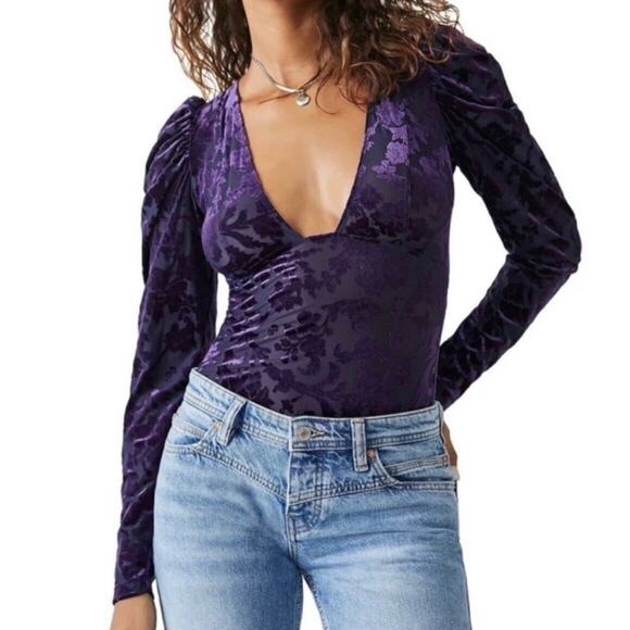 Free People Womens Bodysuit NWT Velvet Burnout Deep Sea Magic Hour Size Small - Picture 1 of 13